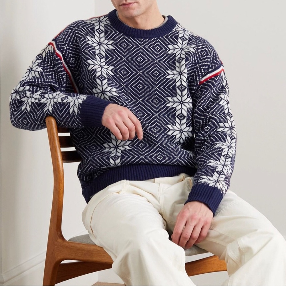 J. Crew Navy 100% Lambswool Jacquard Ski Crew Neck Sweater